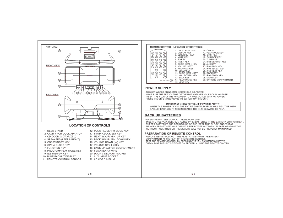 PYLE Audio PICD65I user service Remote Control Location of Controls, Important HOW to Tell if Power is on ? 