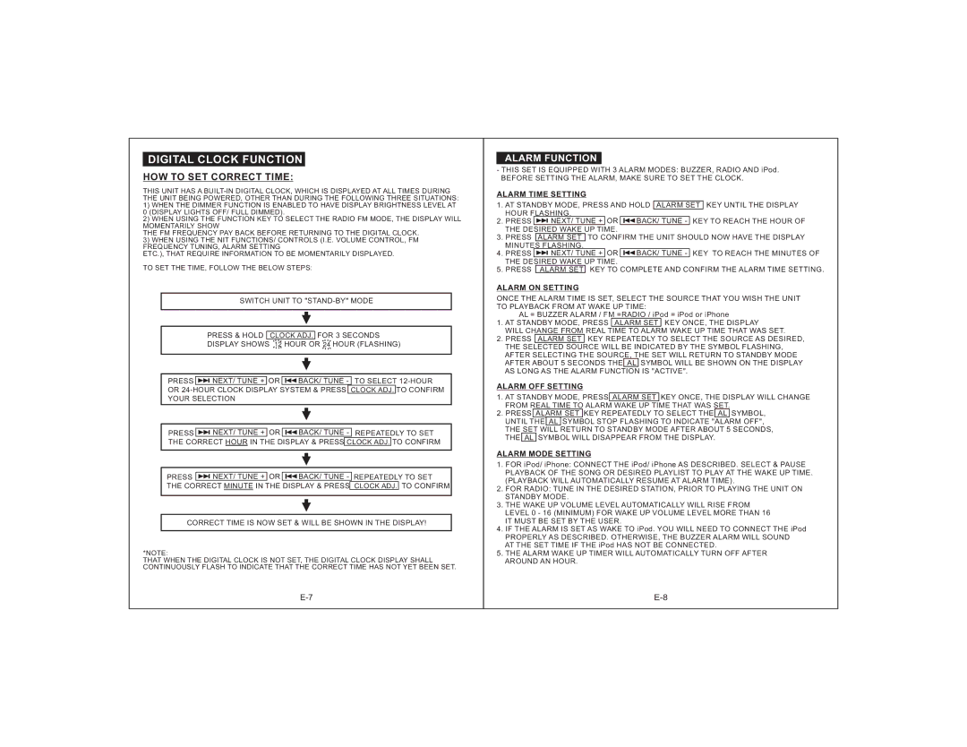 PYLE Audio PICDLD82I operating instructions Digital Clock Function, HOW to SET Correct Time, Alarm Function 