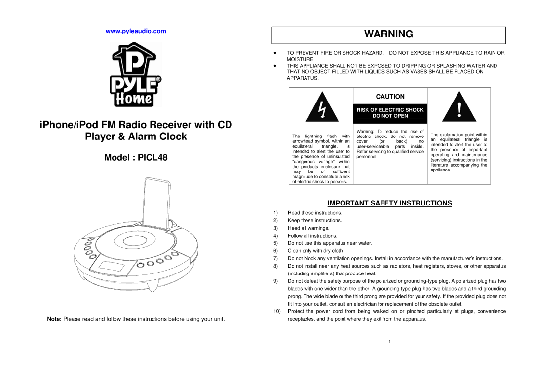 PYLE Audio PICL48 important safety instructions IPhone/iPod FM Radio Receiver with CD Player & Alarm Clock 