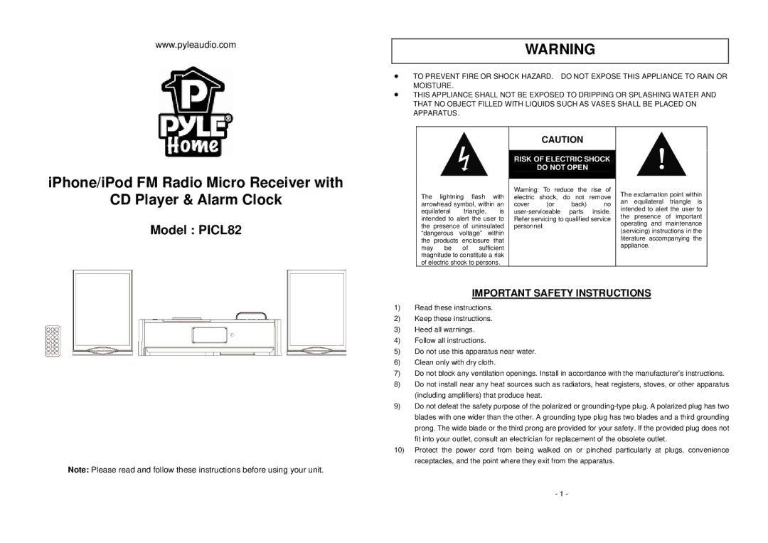 PYLE Audio important safety instructions Model PICL82 