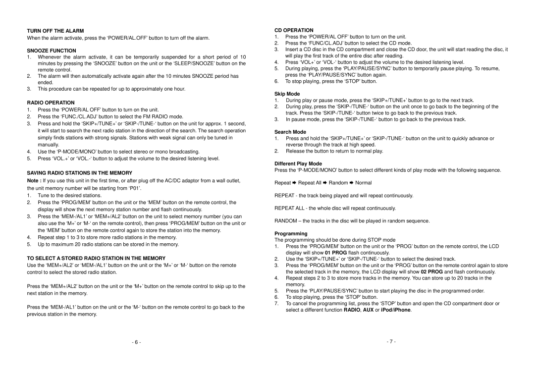 PYLE Audio PICL82 Turn OFF the Alarm, Snooze Function, Radio Operation, Saving Radio Stations in the Memory, CD Operation 