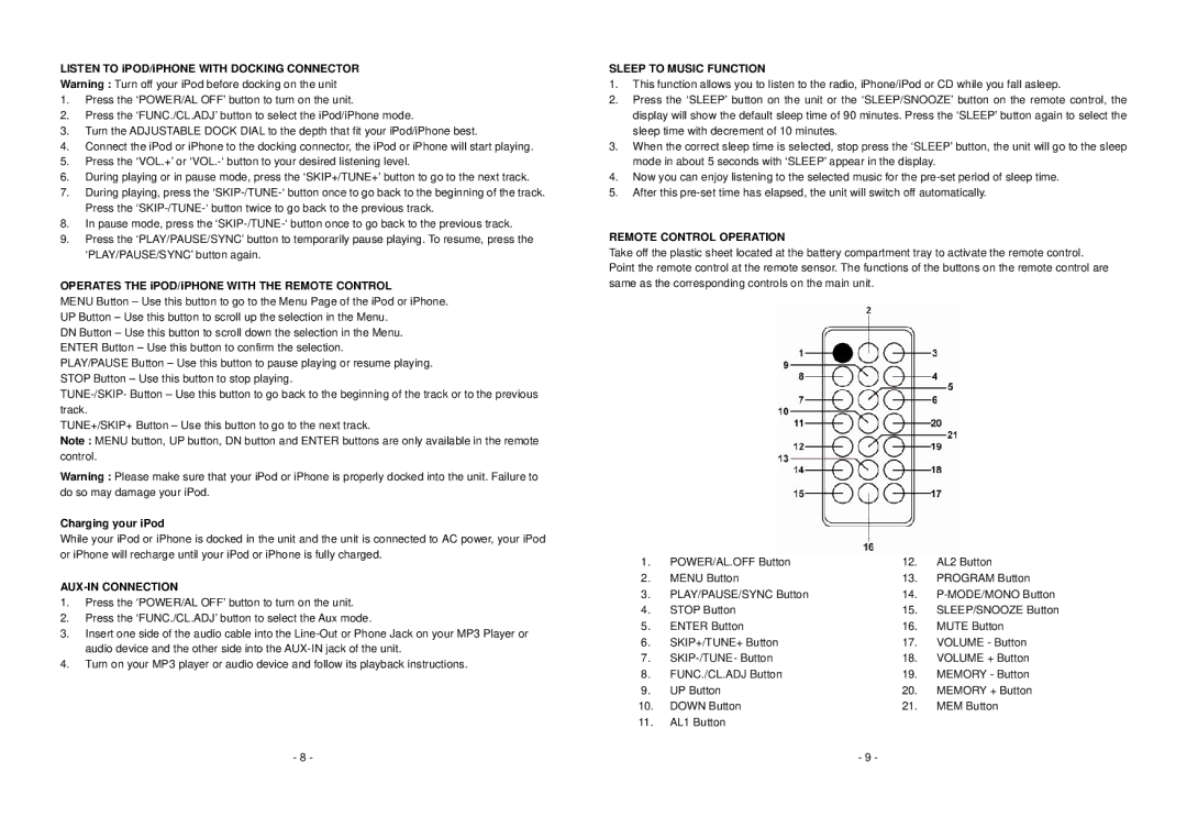 PYLE Audio PICL82 important safety instructions AUX-IN Connection, Sleep to Music Function, Remote Control Operation 