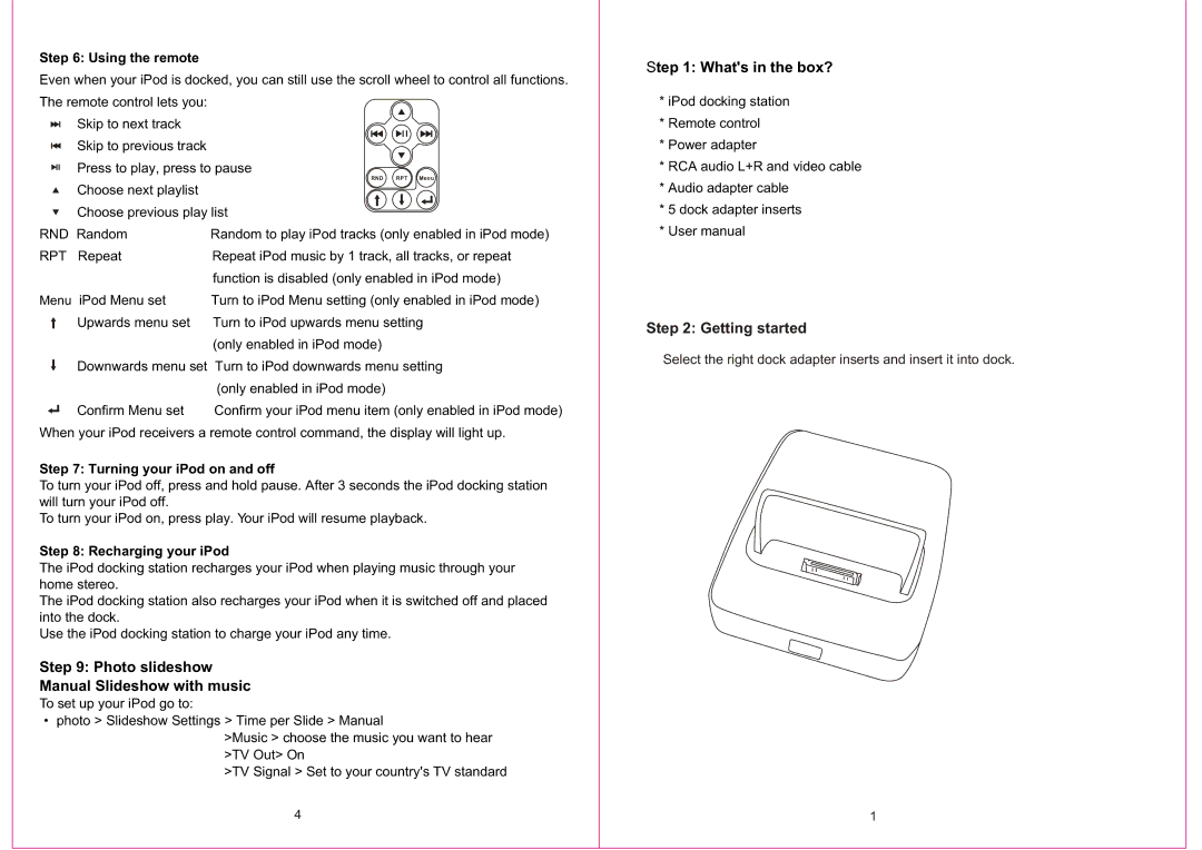 PYLE Audio PiDK1 user manual Using the remote, Turning your iPod on and off, Recharging your iPod 