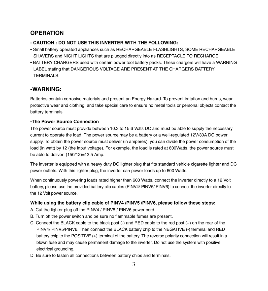 PYLE Audio PINV5 owner manual Operation, Power Source Connection 