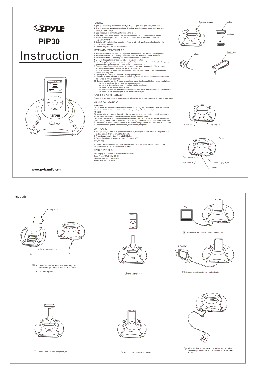 PYLE Audio PIP30 specifications Features, Important Safety Instructions, Placing the Portable Speaker, Making Connections 