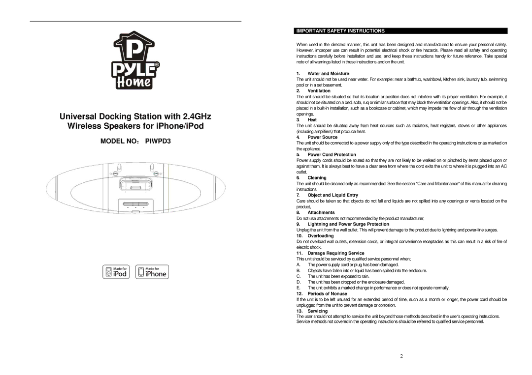 PYLE Audio PIWPD3 important safety instructions Important Safety Instructions 