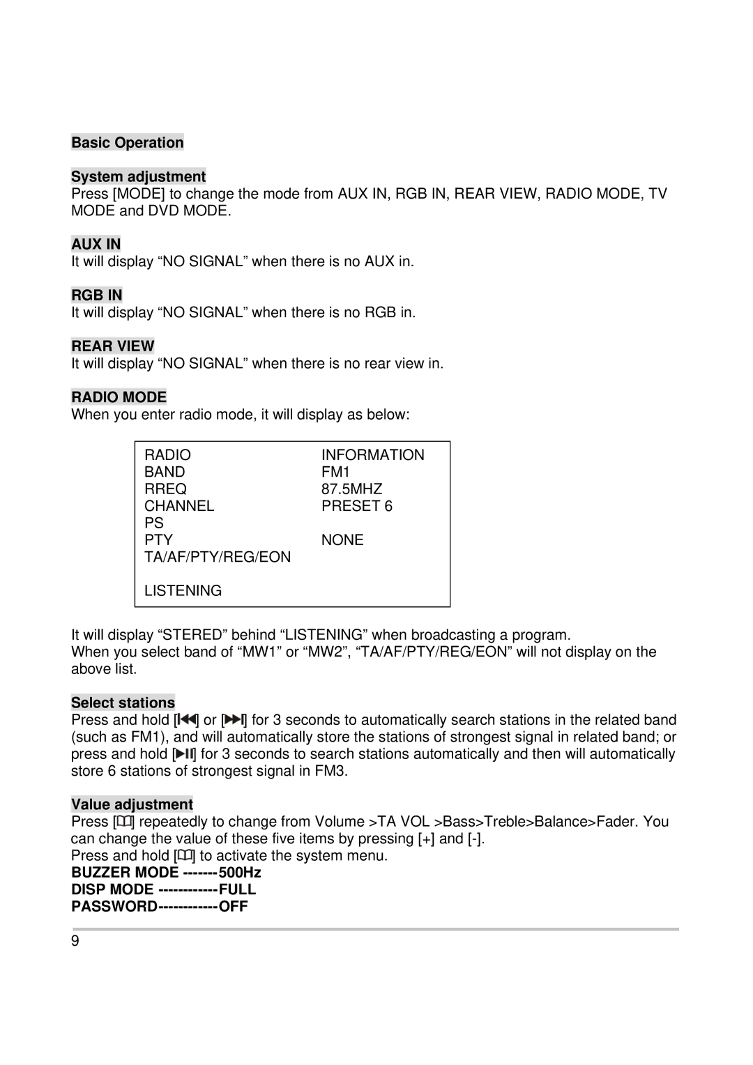 PYLE Audio PL2DNTV7 owner manual Aux, Rgb, Rear View, Radio Mode, Full, Off 