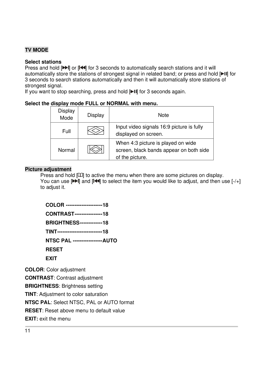 PYLE Audio PL2DNTV7 owner manual TV Mode, Reset Exit 