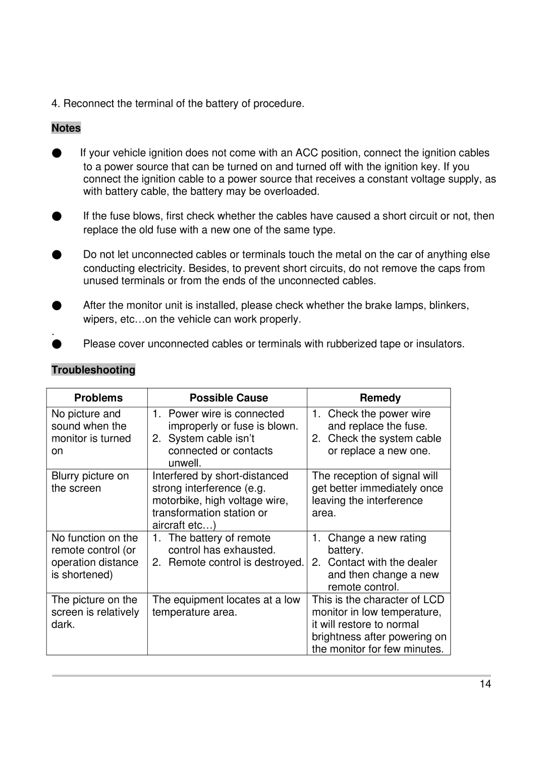 PYLE Audio PL2DNTV7 owner manual Troubleshooting Problems Possible Cause Remedy 