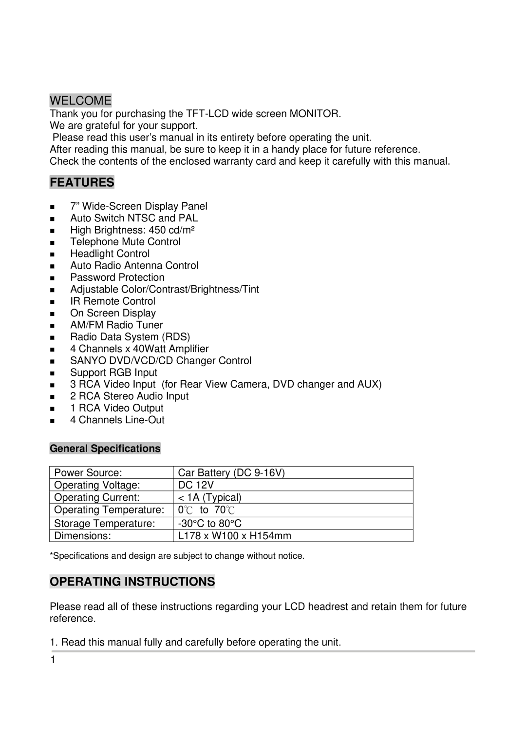 PYLE Audio PL2DNTV7 owner manual Welcome, General Specifications 