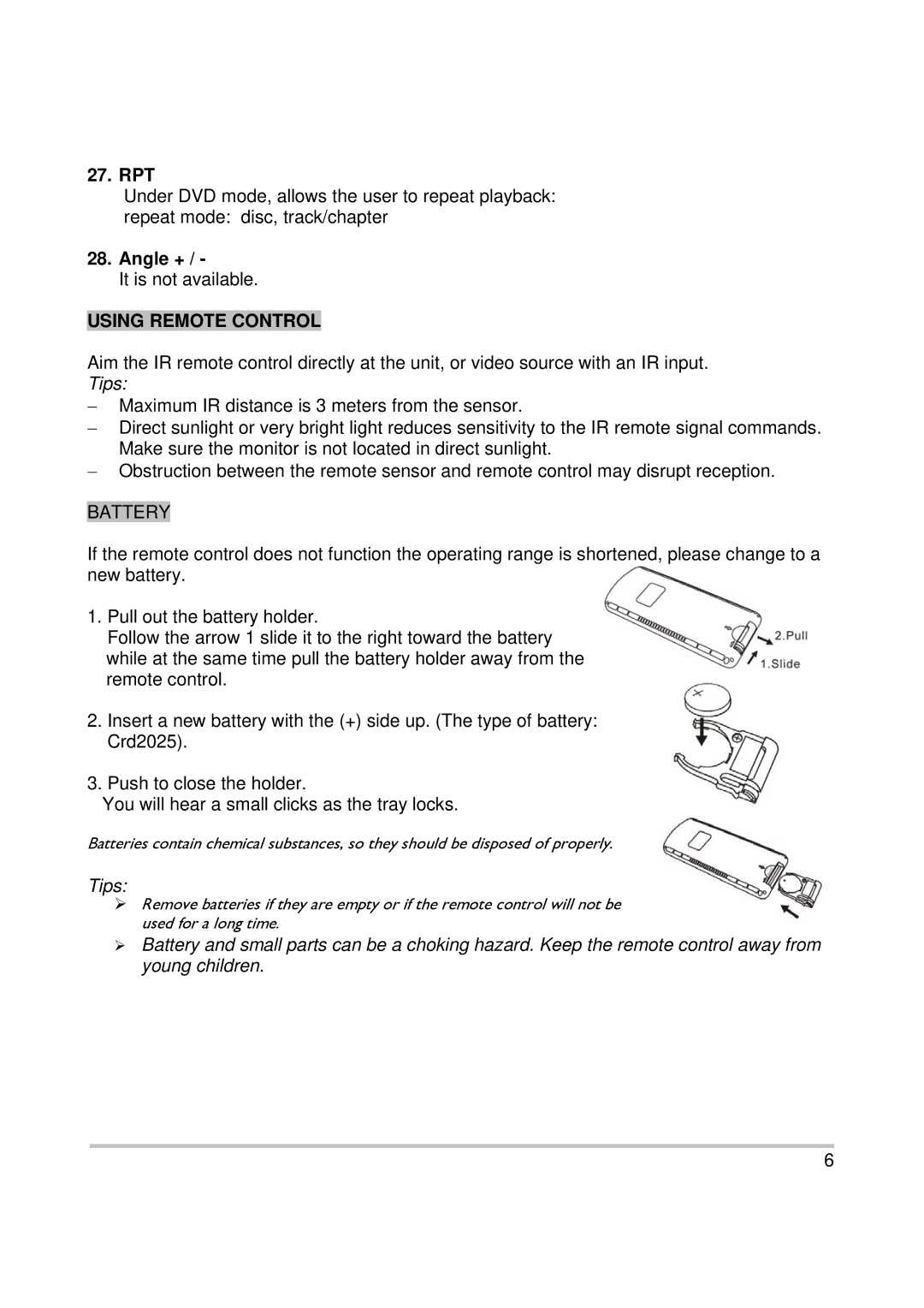 PYLE Audio PL2DNTV7 owner manual Rpt, Angle +, Using Remote Control 