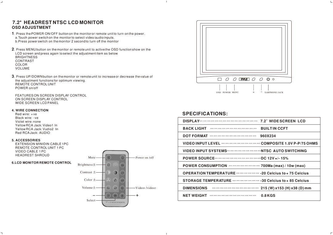 PYLE Audio PL72HBTF Headrest Ntsc LCD Monitor, Specifications, OSD Adjustment, Accessories, LCD Monitor Remote Control 