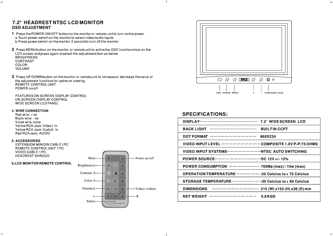 PYLE Audio PL72HBTF owner manual Headrest Ntsc Lcd Monitor, Specifications, Osd Adjustment 