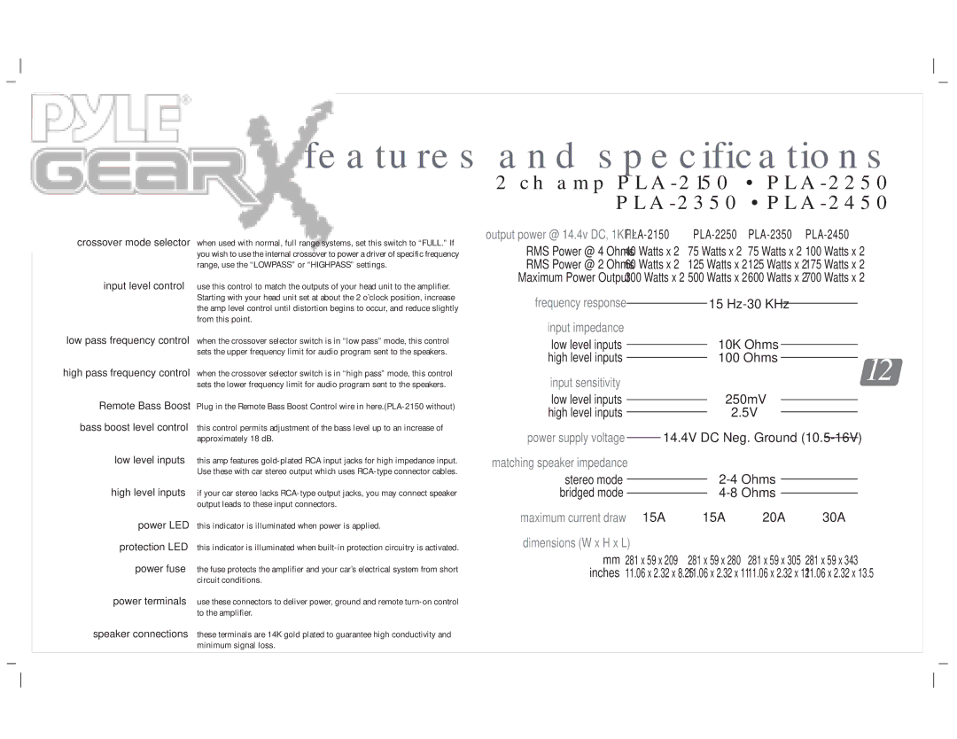 PYLE Audio PLA-4300D, PLA-4350, PLA-2650, PLA-219, PLA-2350, PLA-2750, PLA-2250, PLA-2150, PLA-2850, PLA-2450, PLA-4150 15A 20A 30A 