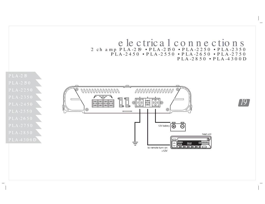 PYLE Audio PLA-2150, PLA-4300D, PLA-4350, PLA-2650, PLA-219, PLA-2350, PLA-2750, PLA-2250, PLA-2850 manual Electrical connections 