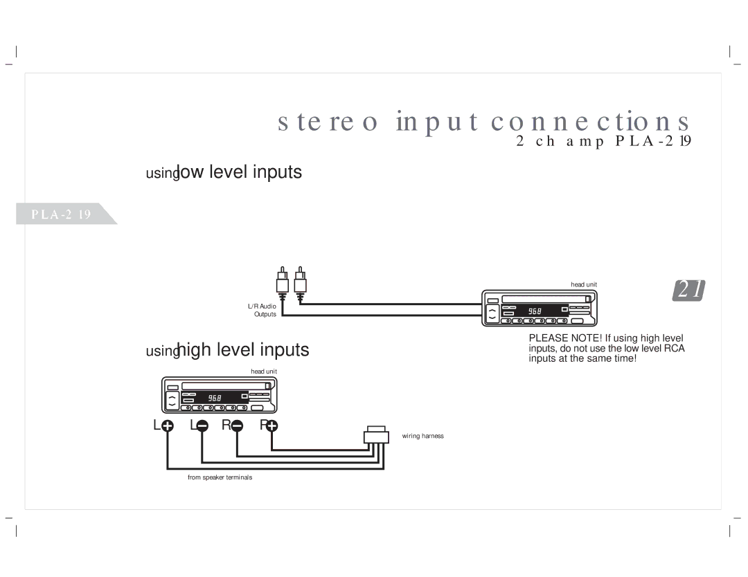 PYLE Audio PLA-2450, PLA-4300D, PLA-4350, PLA-2650, PLA-219, PLA-2350 manual Stereo input connections, Using high level inputs 