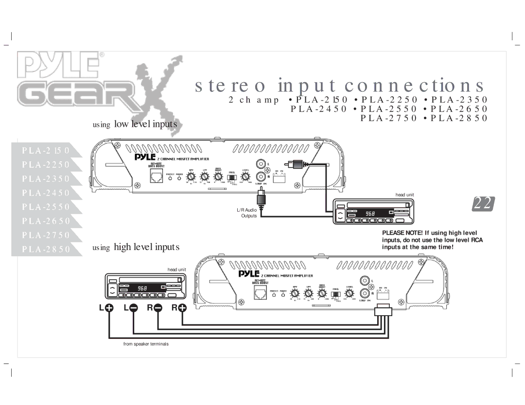 PYLE Audio PLA-4150, PLA-4300D, PLA-4350, PLA-2650, PLA-219, PLA-2750, PLA-2850, PLA-2450 manual Ch amp PLA-2150 PLA-2250 PLA-2350 