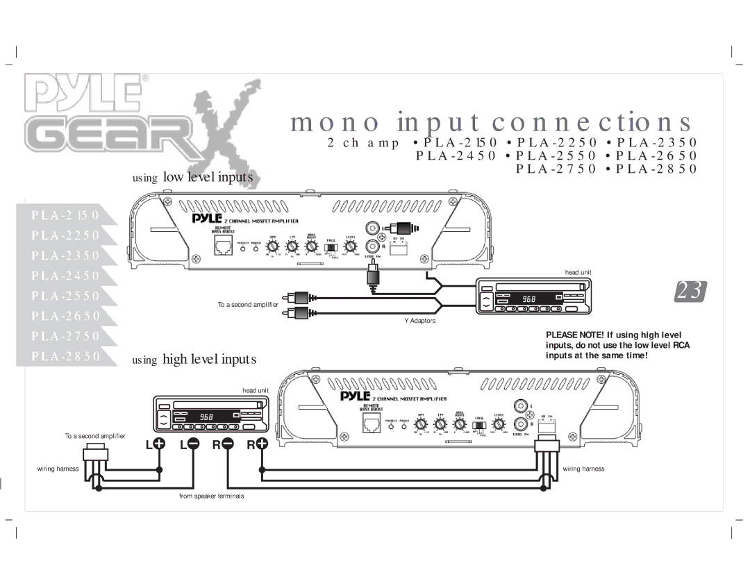 PYLE Audio PLA-419, PLA-4300D, PLA-4350, PLA-2650, PLA-219, PLA-2350, PLA-2750, PLA-2250, PLA-2150 manual Mono input connections 