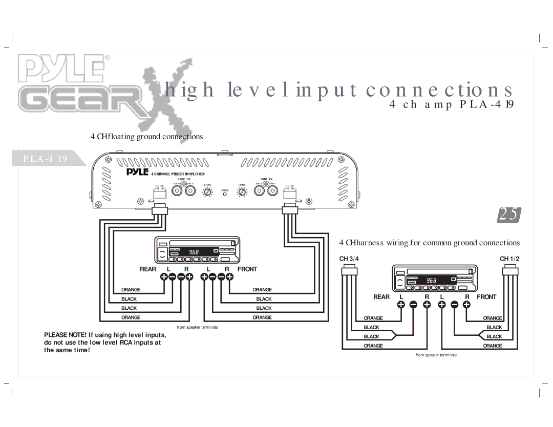 PYLE Audio PLA-2550, PLA-4300D, PLA-4350, PLA-2650, PLA-219 manual High level input connections, CH floating ground connections 