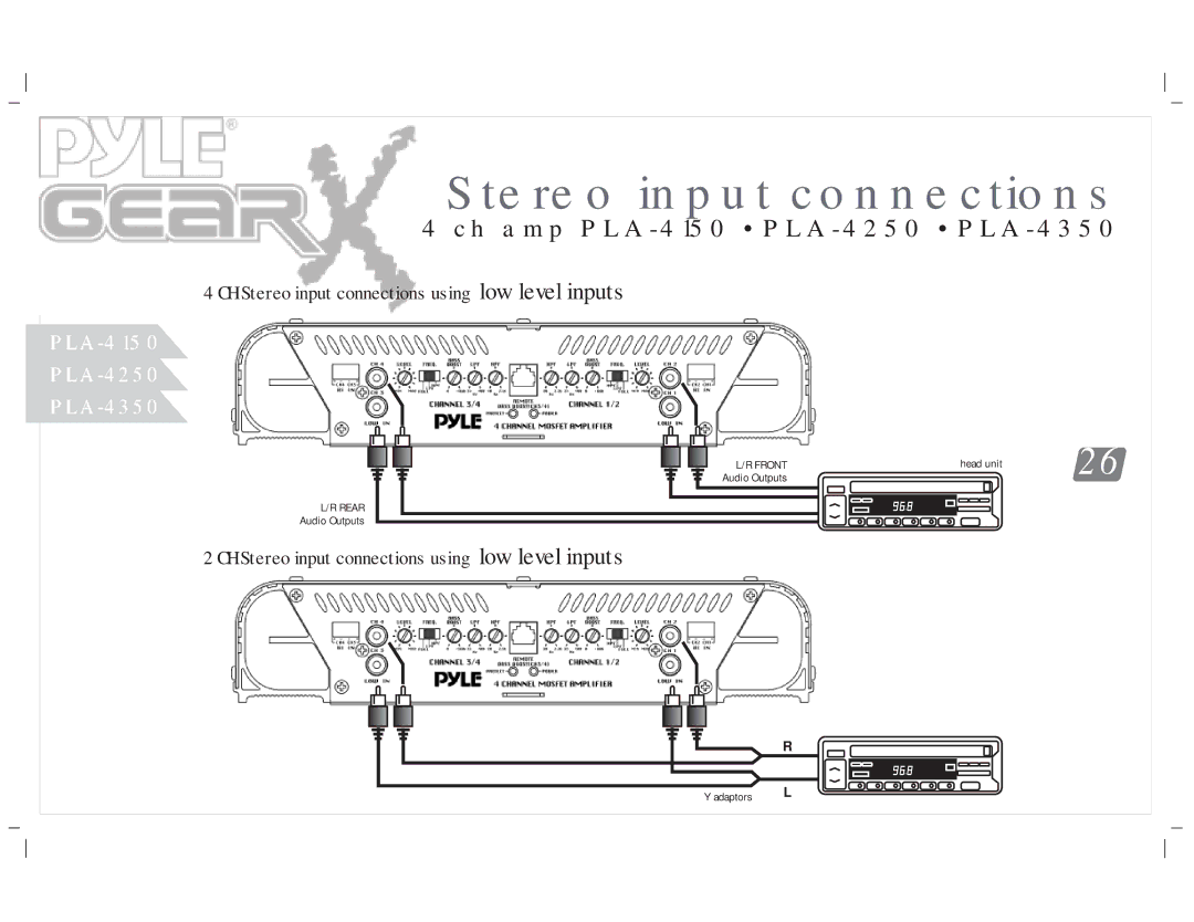 PYLE Audio PLA-4300D, PLA-4350, PLA-2650, PLA-219, PLA-2350, PLA-2750 manual CH Stereo input connections using low level inputs 