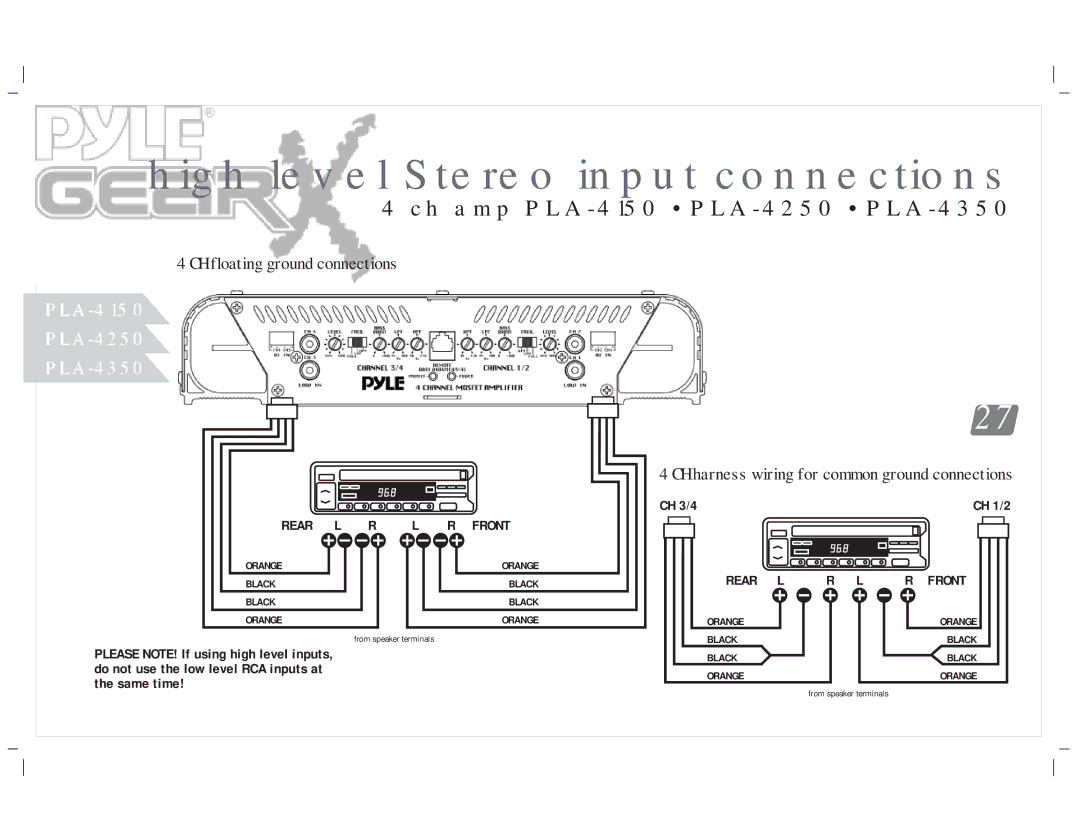 PYLE Audio PLA-4350, PLA-4300D manual High level Stereo input connections, CH harness wiring for common ground connections 