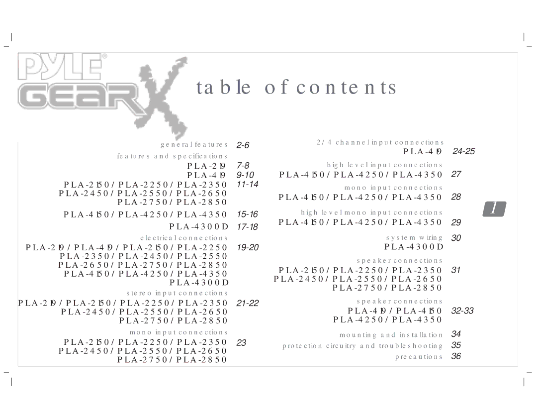 PYLE Audio PLA-219, PLA-4300D, PLA-4350, PLA-2650, PLA-2350, PLA-2750, PLA-2250, PLA-2150, PLA-2850, PLA-2450 Table of contents 