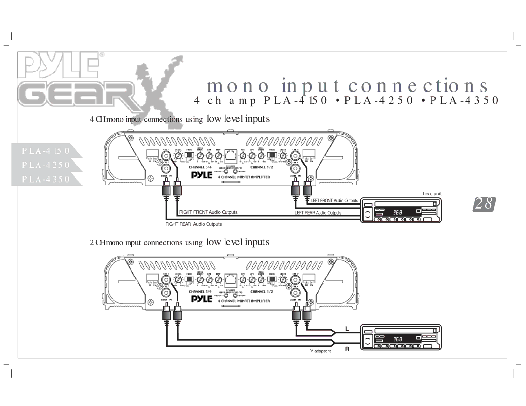 PYLE Audio PLA-2650, PLA-4300D, PLA-4350, PLA-219, PLA-2350, PLA-2750, PLA-419 CH mono input connections using low level inputs 