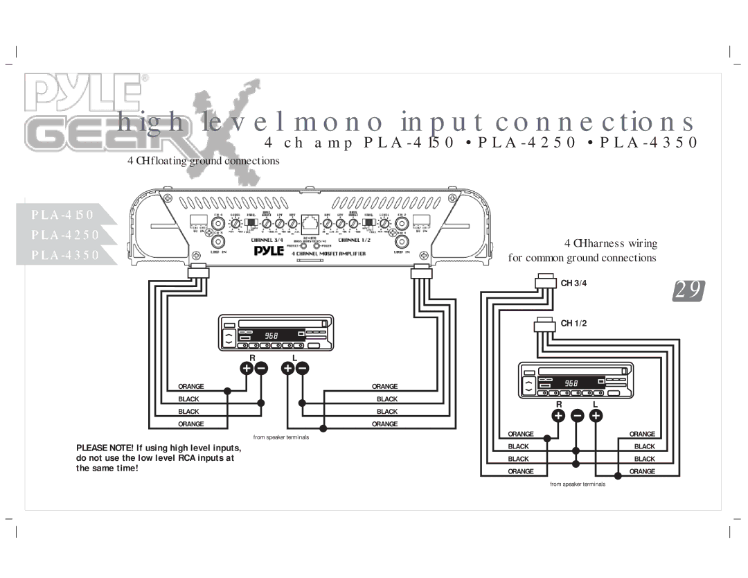 PYLE Audio PLA-219, PLA-4300D, PLA-4350, PLA-2650, PLA-2350, PLA-2750 High level mono input connections, CH harness wiring 