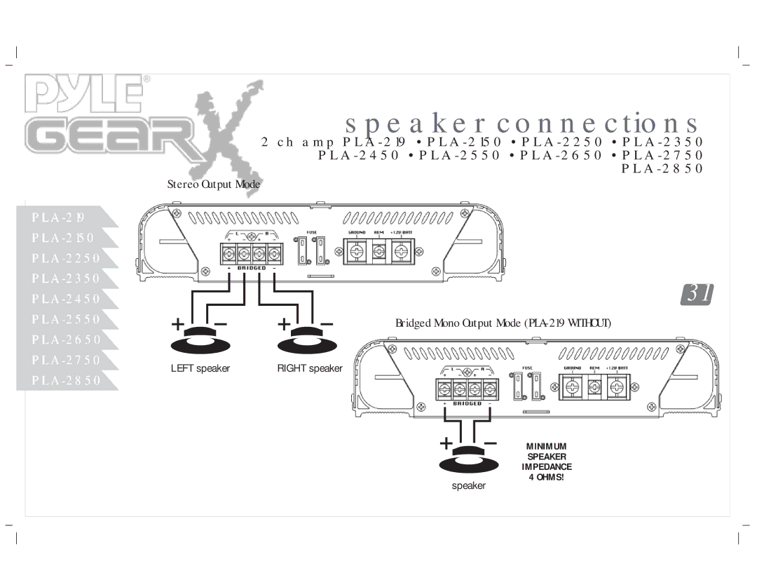 PYLE Audio PLA-2750, PLA-4300D, PLA-4350, PLA-2650, PLA-219, PLA-2350, PLA-2250, PLA-2150, PLA-2850, PLA-2450 Speaker connections 