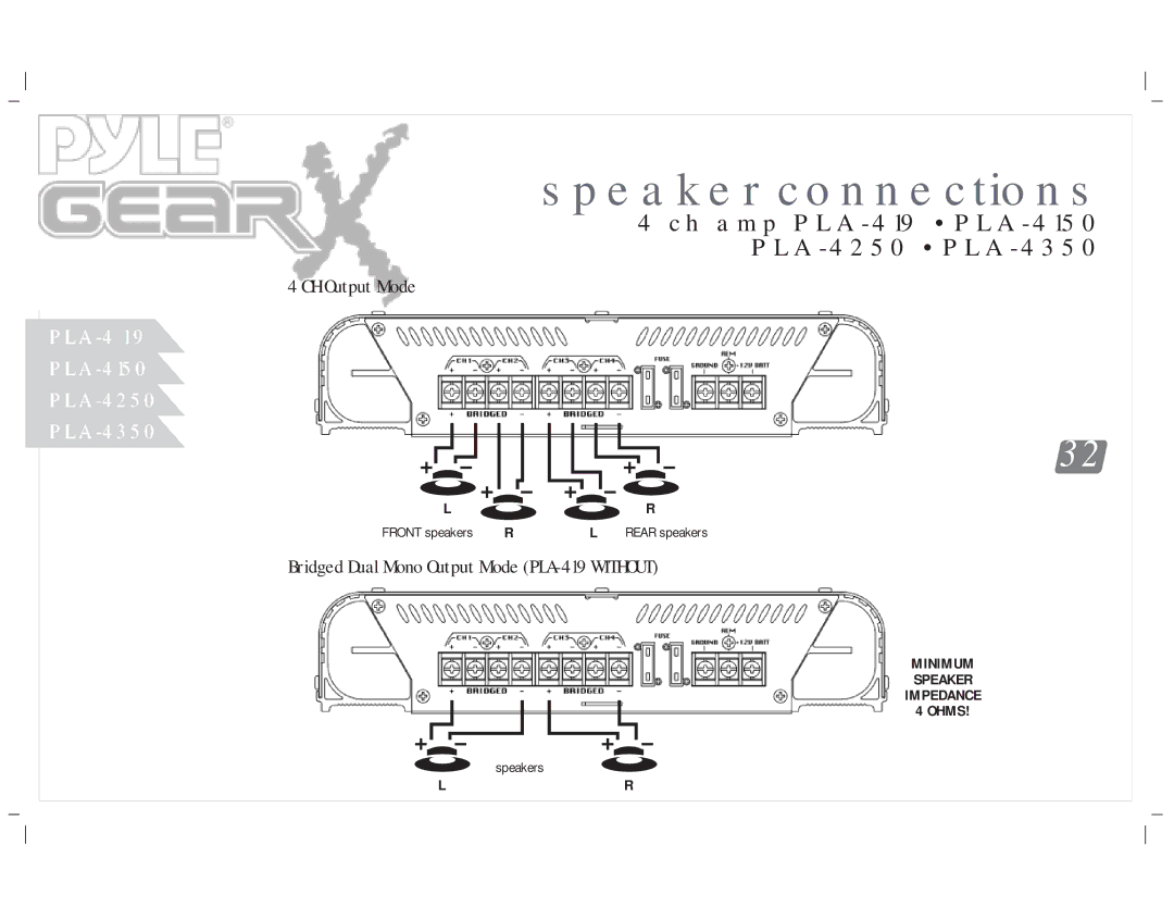 PYLE Audio PLA-2250, PLA-4300D, PLA-4350, PLA-2650, PLA-219, PLA-2350, PLA-2750, PLA-2150, PLA-2850, PLA-2450 manual CH Output Mode 