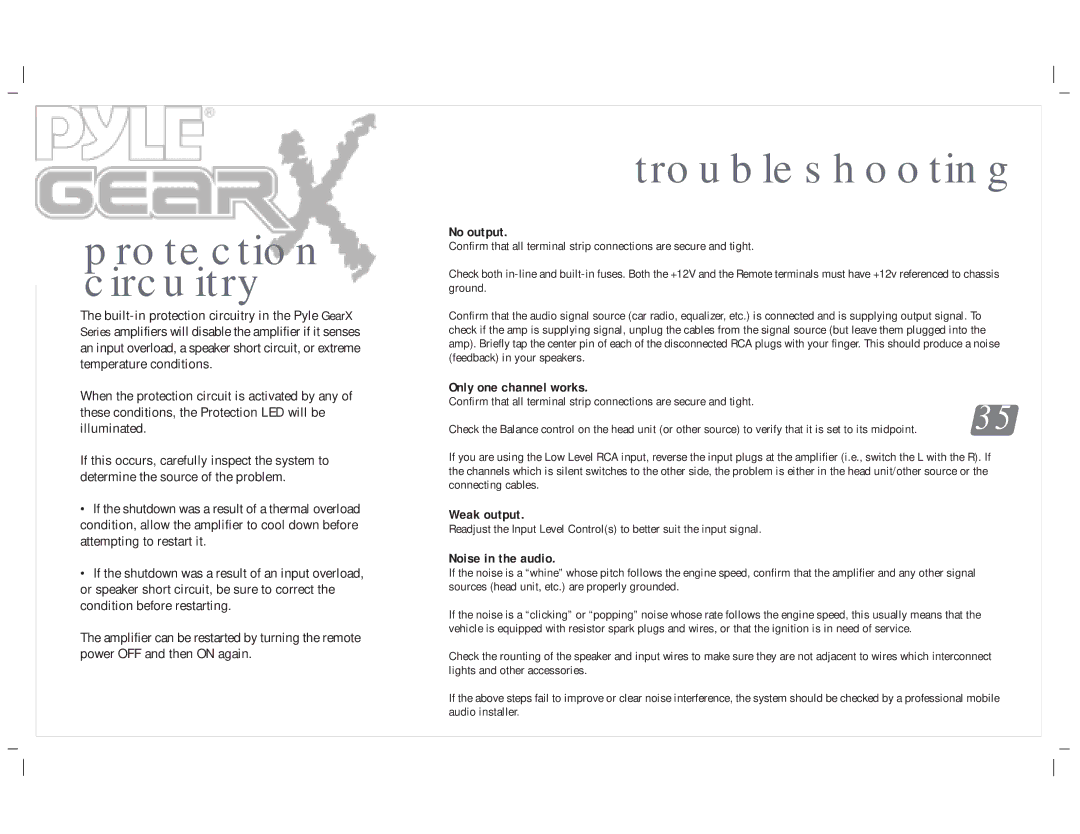 PYLE Audio PLA-2450, PLA-4300D, PLA-4350, PLA-2650, PLA-219, PLA-2350, PLA-2750, PLA-2250 Protection circuitry, Troubleshooting 