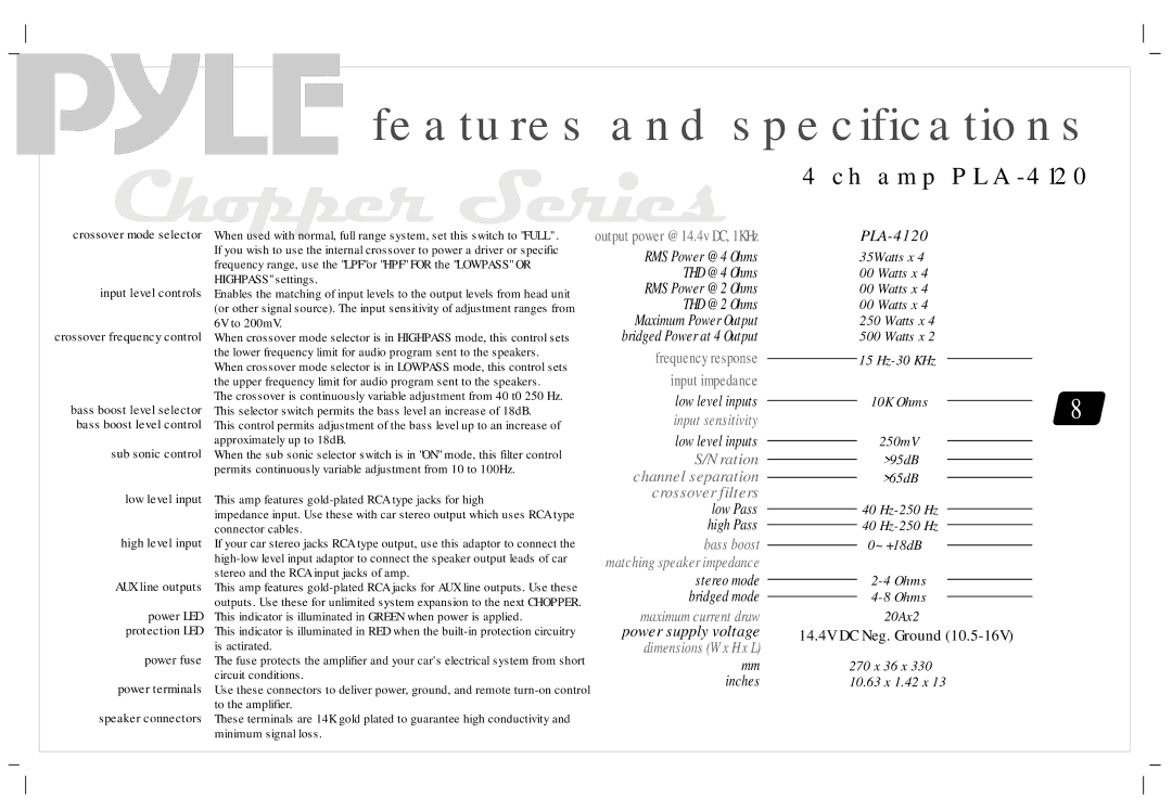 PYLE Audio PLA-2260, PLA1200, PLA2230 manual Ch amp PLA-4120 