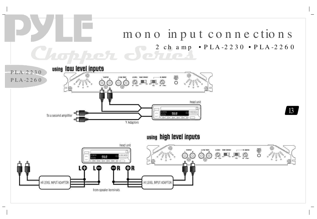 PYLE Audio PLA-4120, PLA1200, PLA2230, PLA-2260 manual Mono input connections 