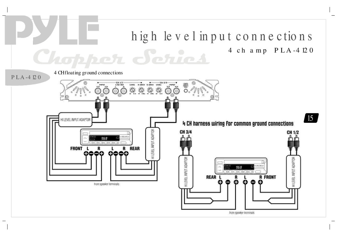 PYLE Audio PLA2230, PLA1200, PLA-2260, PLA-4120 manual High level input connections 