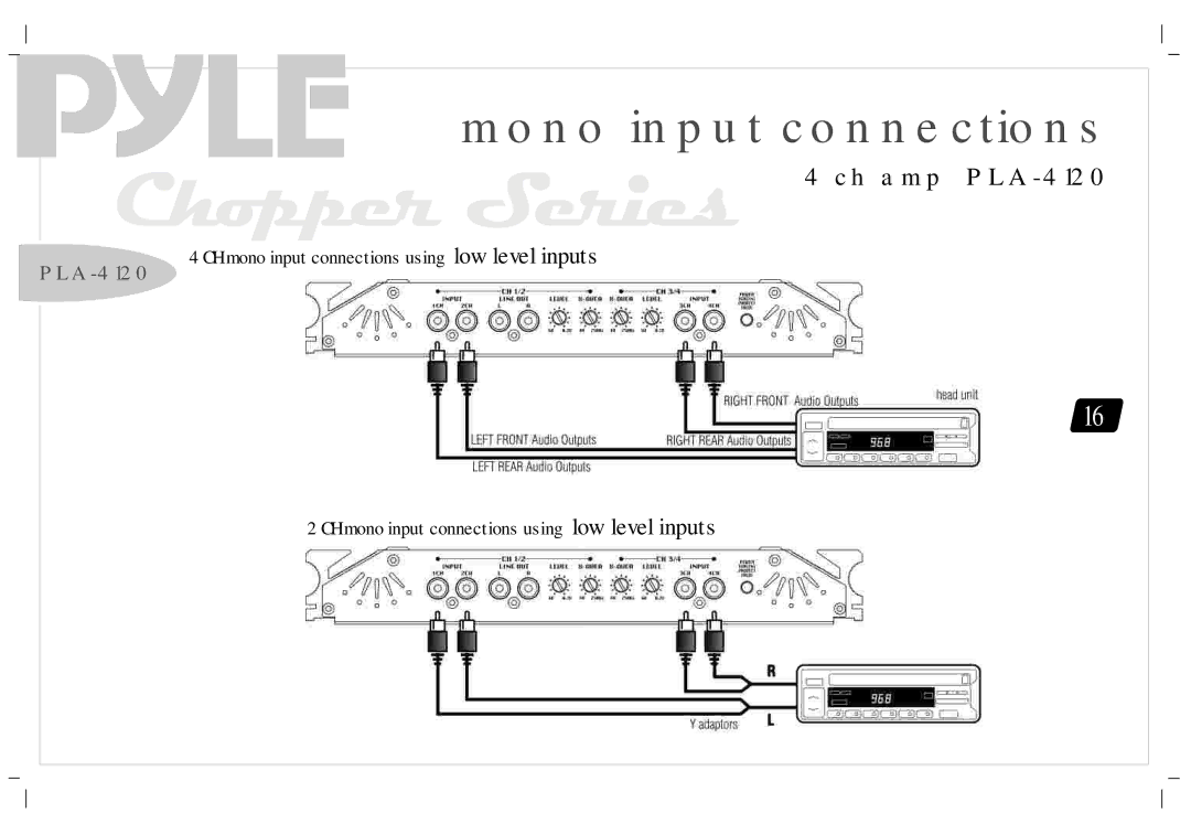 PYLE Audio PLA-2260, PLA1200, PLA2230, PLA-4120 manual CH mono input connections using low level inputs 