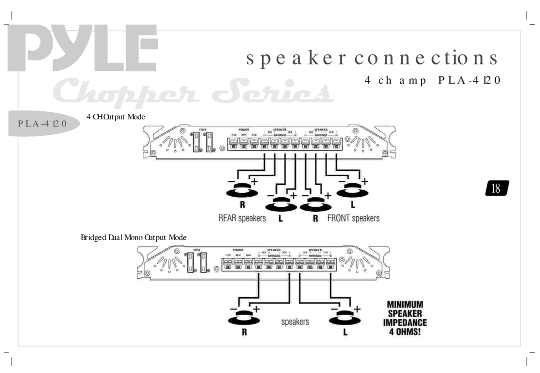 PYLE Audio PLA1200, PLA2230, PLA-2260, PLA-4120 manual CH Output Mode Bridged Dual Mono Output Mode 