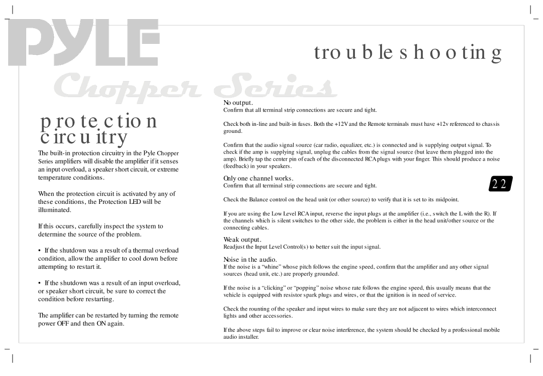 PYLE Audio PLA1200, PLA2230, PLA-2260, PLA-4120 manual Protection circuitry, Troubleshooting 