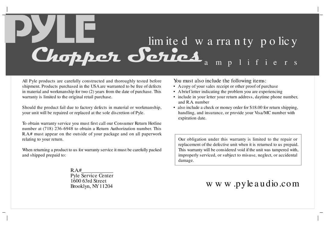 PYLE Audio PLA-2260, PLA1200, PLA2230, PLA-4120 manual Limited warranty policy 