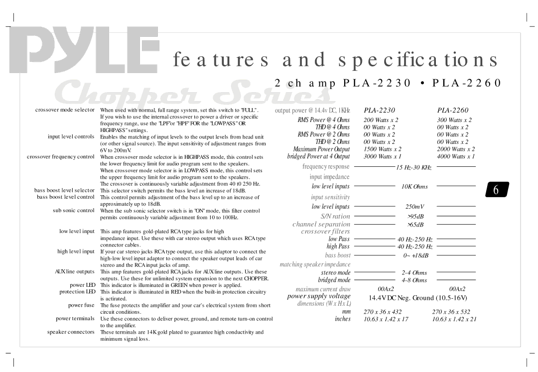 PYLE Audio PLA1200, PLA2230, PLA-4120 manual Ch amp PLA-2230 PLA-2260 