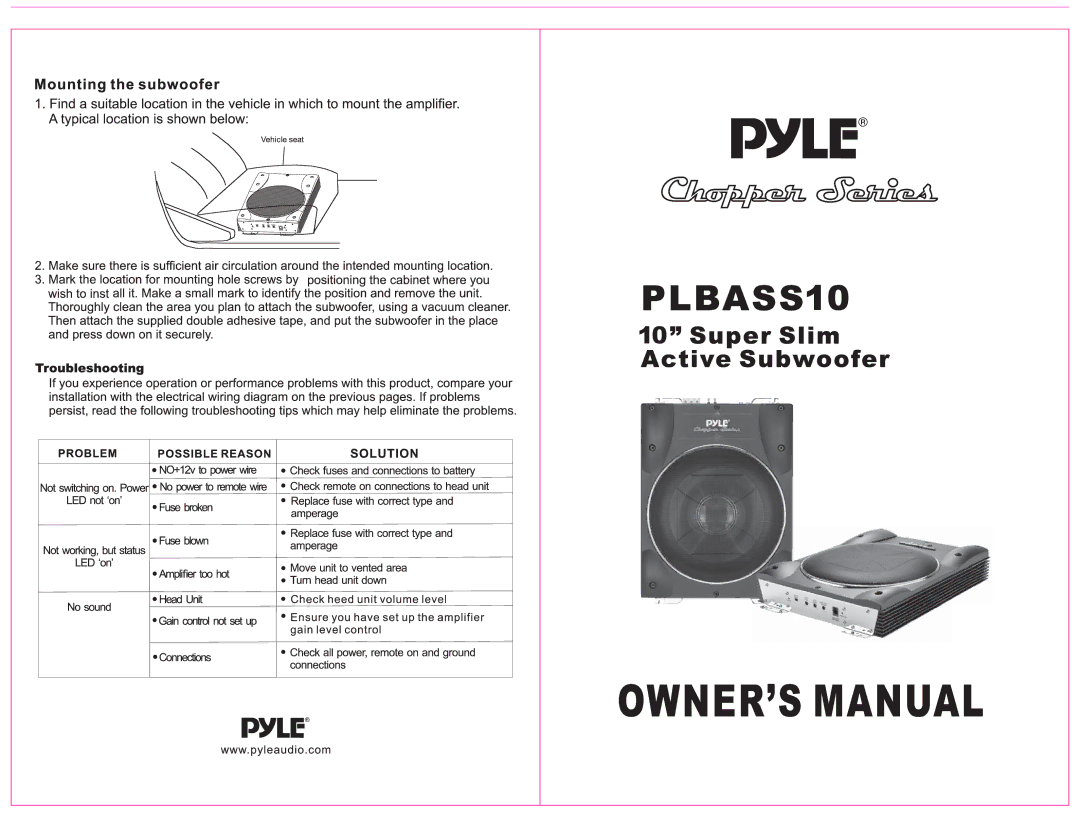 PYLE Audio PLBASS10 owner manual Mounting the subwoofer, Solution 