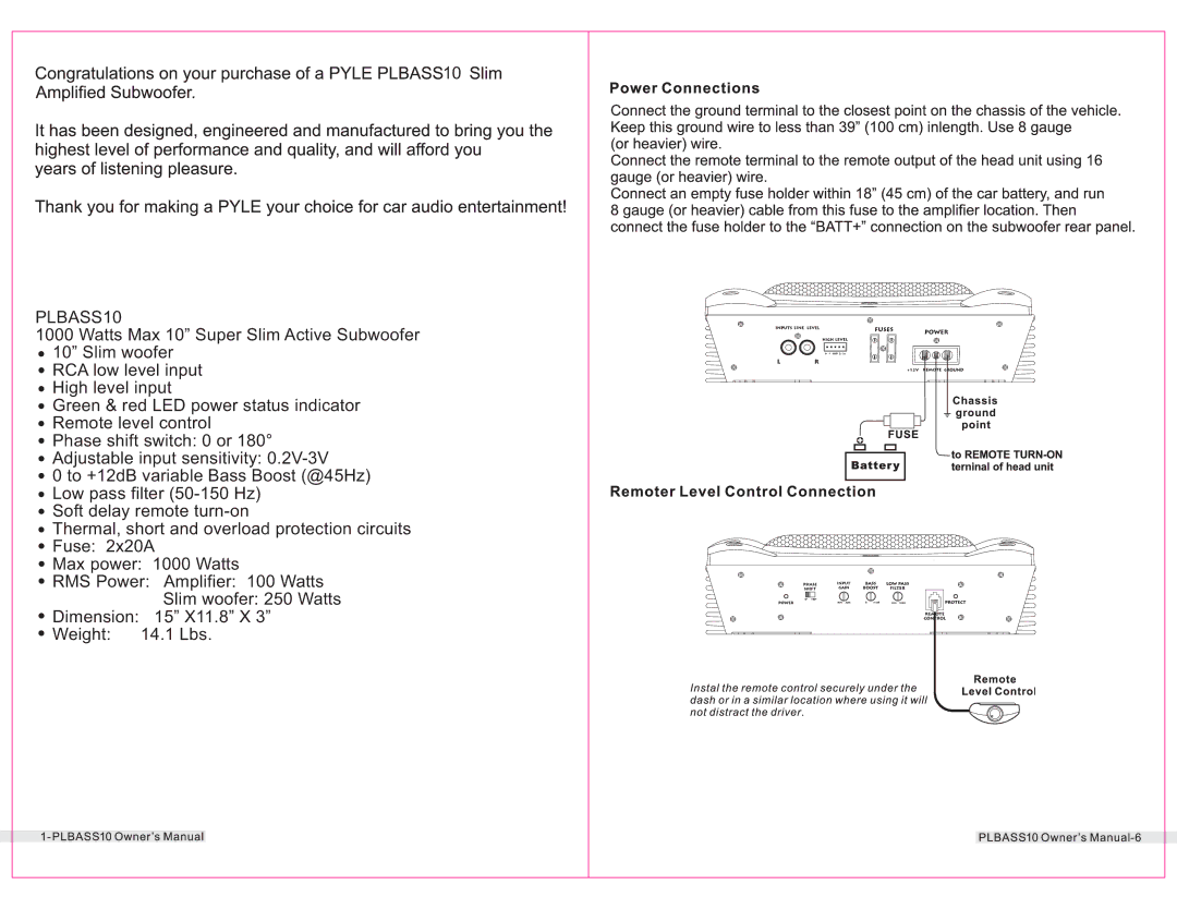 PYLE Audio PLBASS10 owner manual 