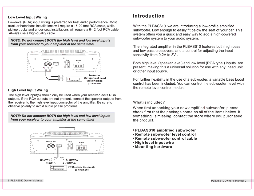 PYLE Audio PLBASS10 owner manual Iq ..J, High level input wire 