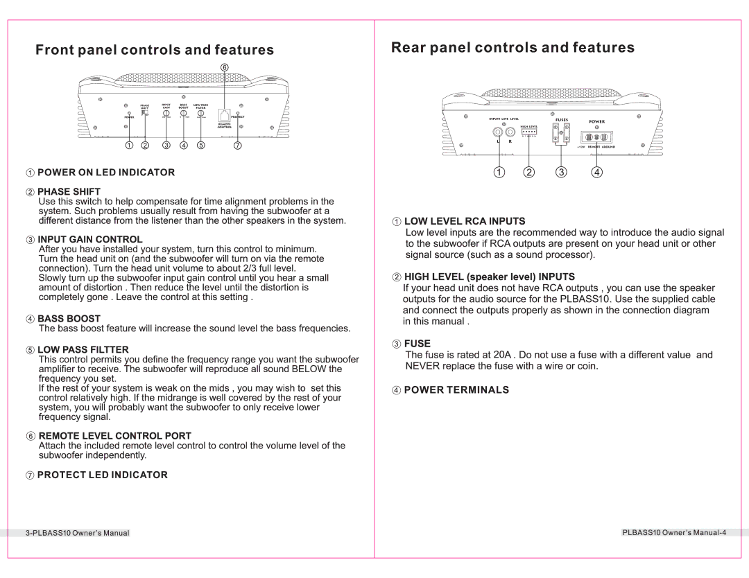 PYLE Audio PLBASS10 CD Power on LED Indicator Phase Shift, @ Input Gain Control, LOW Pass Filtter, CD LOW Level RCA Inputs 