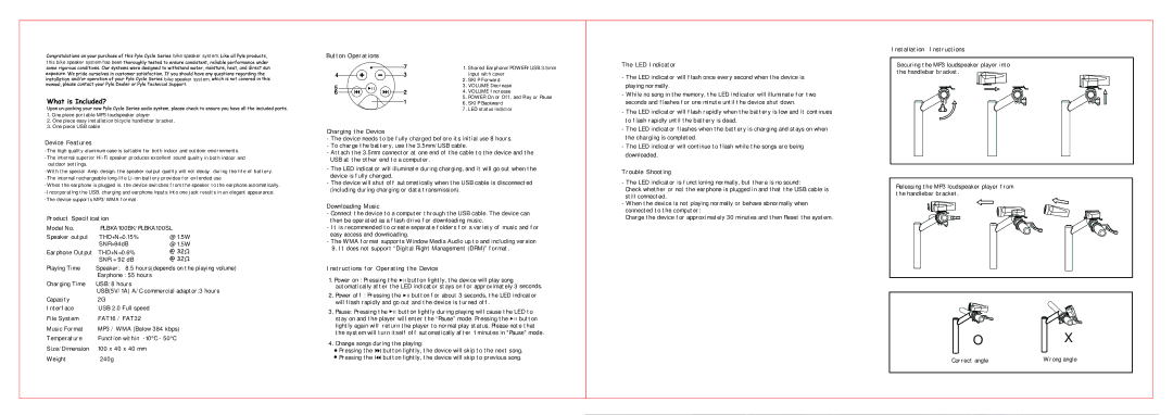 PYLE Audio PLBKA100SL Button Operations, LED Indicator Installation Instructions, Device Features, Product Specification 