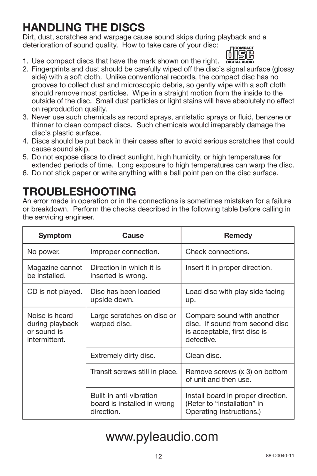 PYLE Audio PLCD10CH manual Handling the Discs, Troubleshooting 