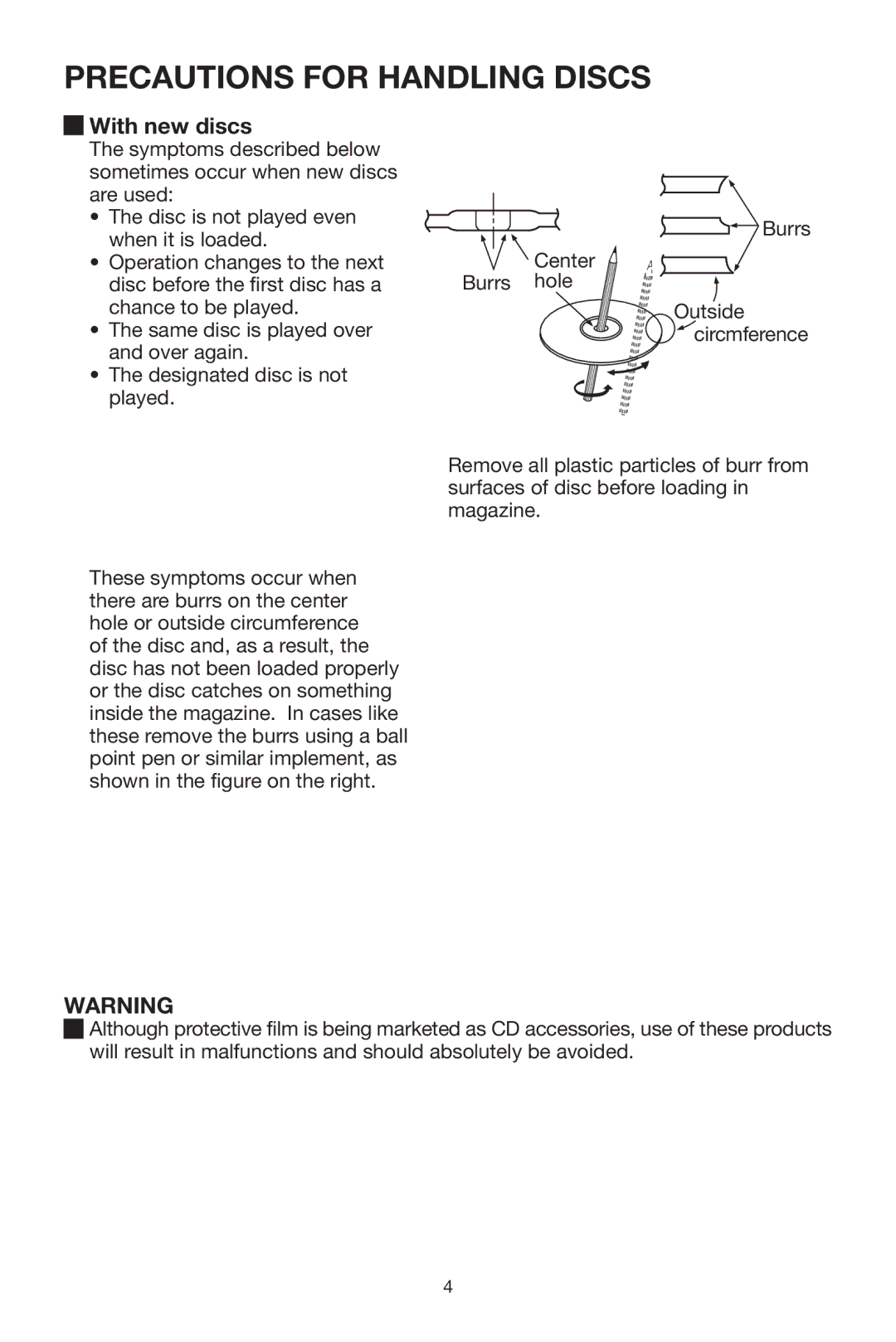 PYLE Audio PLCD10CH manual Precautions for Handling Discs, With new discs 