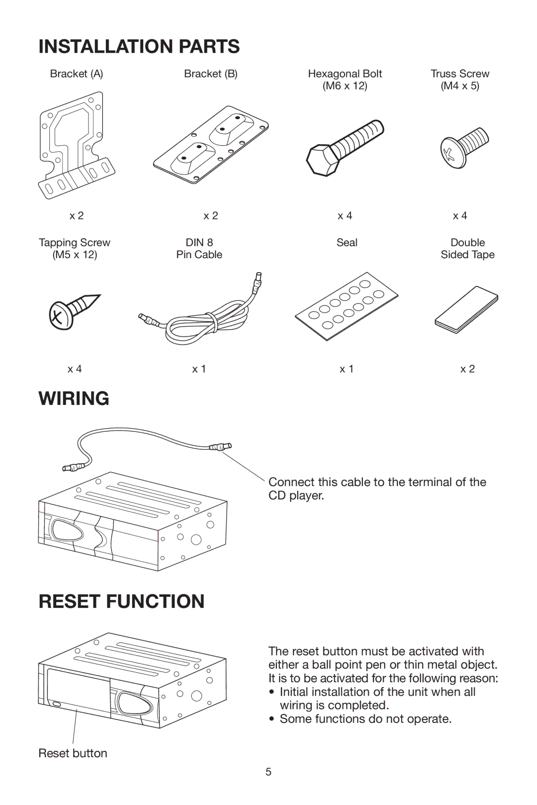 PYLE Audio PLCD10CH manual Installation Parts, Wiring, Reset Function 