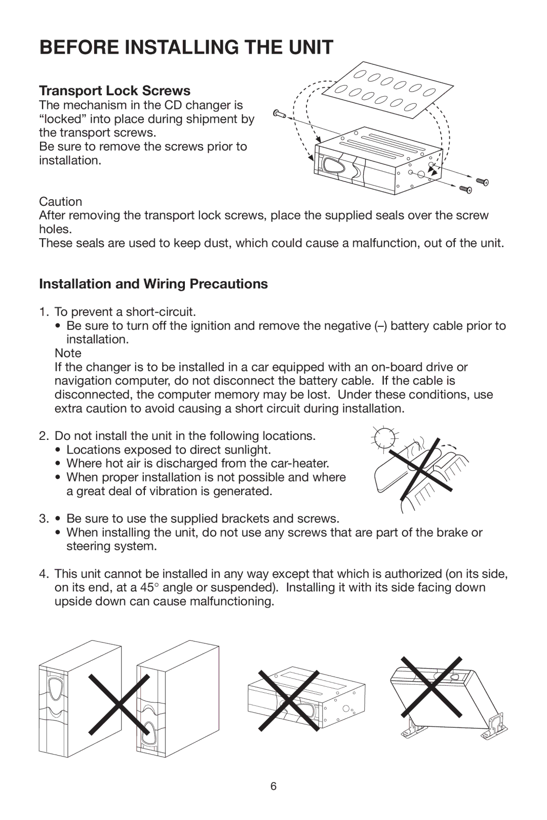 PYLE Audio PLCD10CH manual Transport Lock Screws, Installation and Wiring Precautions 