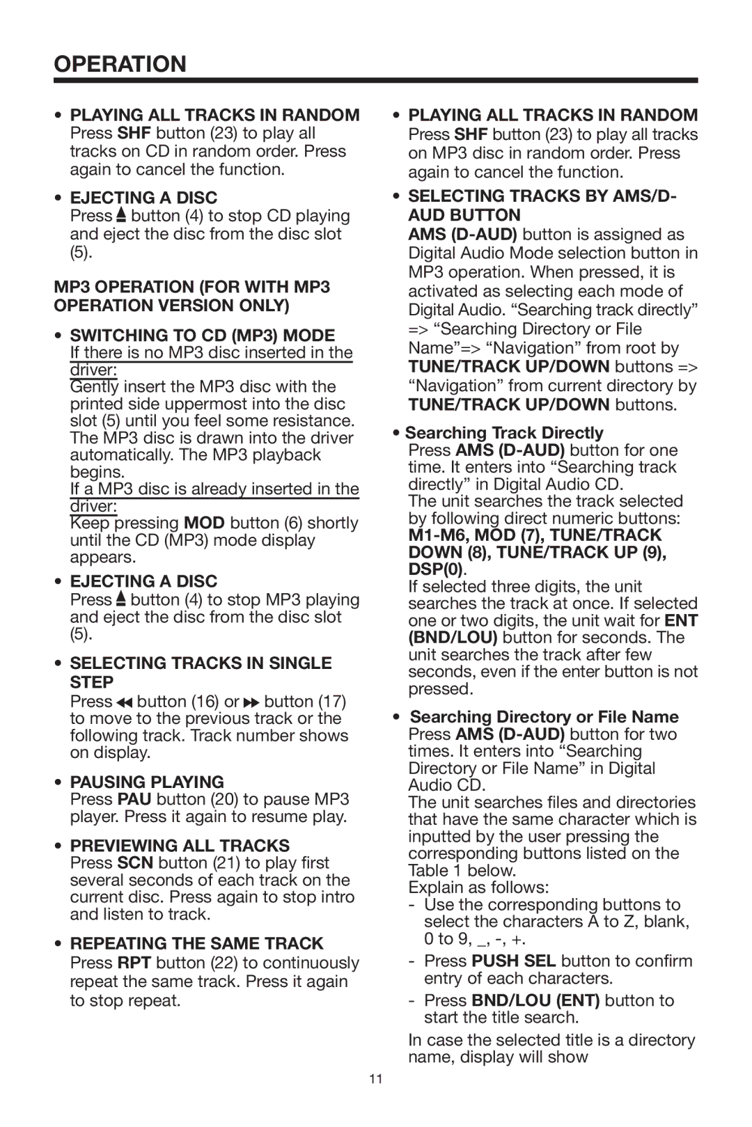 PYLE Audio PLCD14MRKT Ejecting a Disc, MP3 Operation for with MP3 Operation Version only, Selecting Tracks in Single Step 