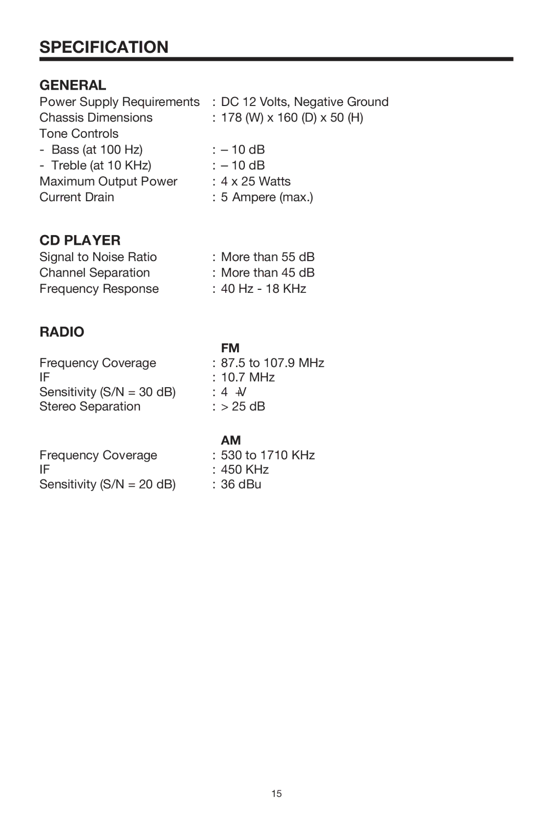 PYLE Audio PLCD14MRKT owner manual Specification, General, CD Player, Radio 